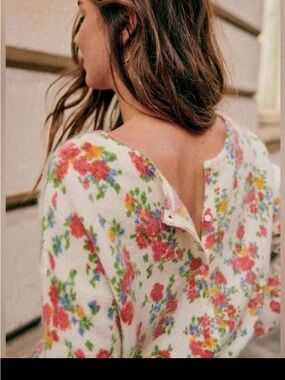 Floral Knit Button-Back Cardigan Sweater - White with Multicolor Floral Print